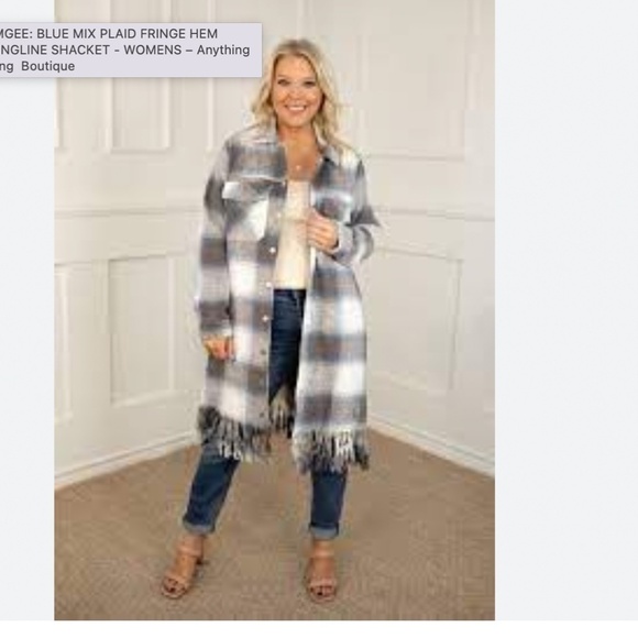 Umgee Plaid Fringe Hem Long Jacket  blue and cream sz Small - Picture 2 of 8